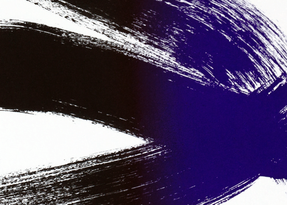 Abstract art with black and white brush strokes on a blue background