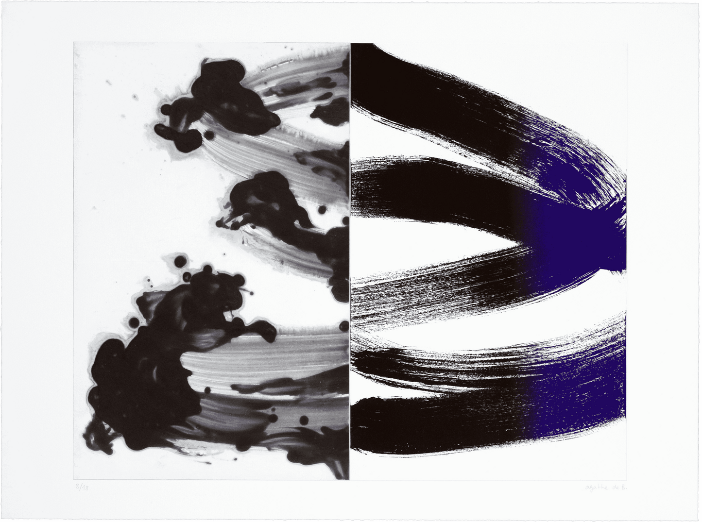 Abstract etching with black and white brush strokes on a white background