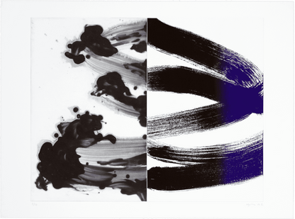 Abstract etching with black and white brush strokes on a white background