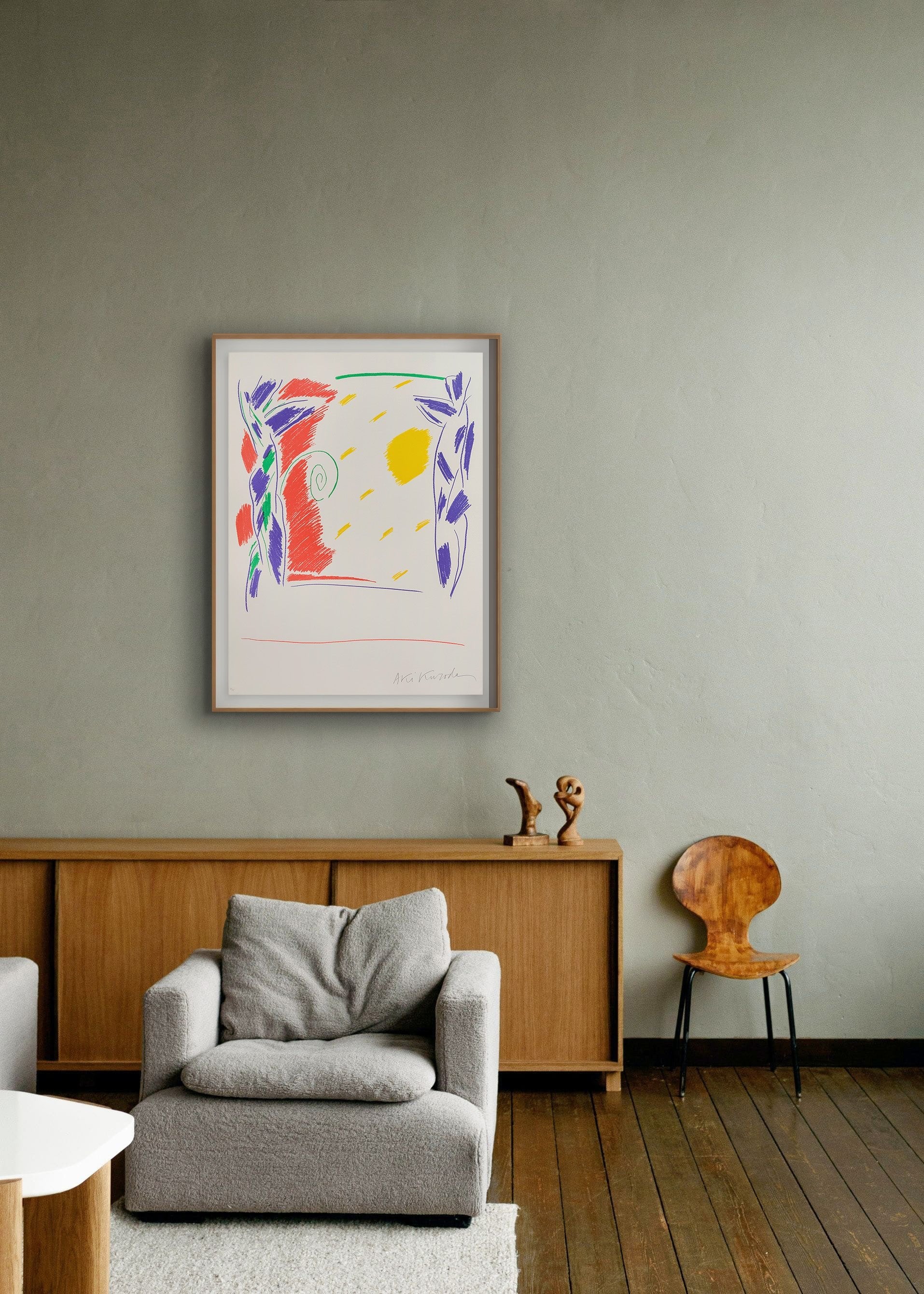 Living Room with Colorful Lithograph by Japanese artist Aki Kuroda - Friday Bird