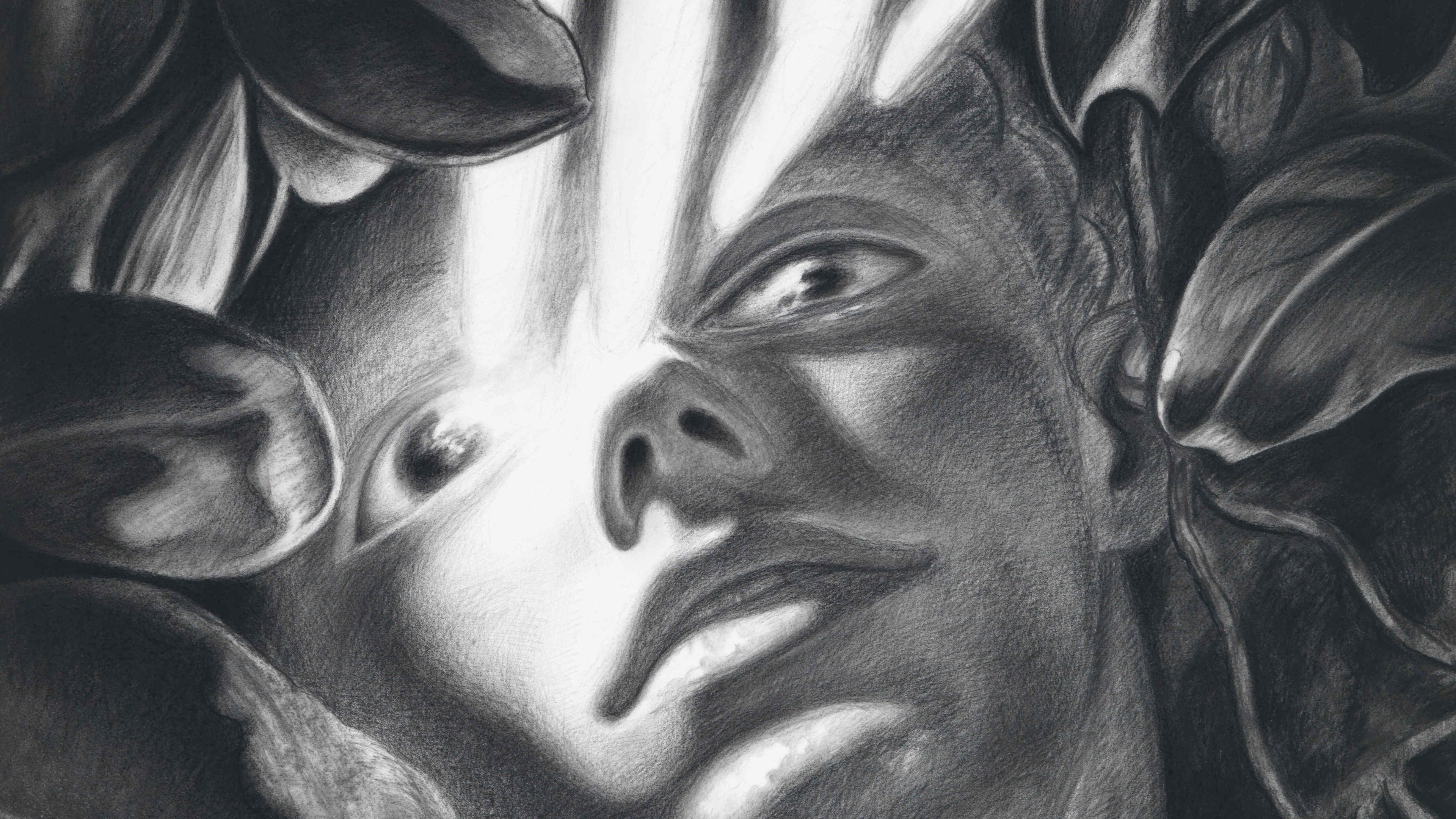 Dennis Scholl, drawing of a face surrounded by leaves