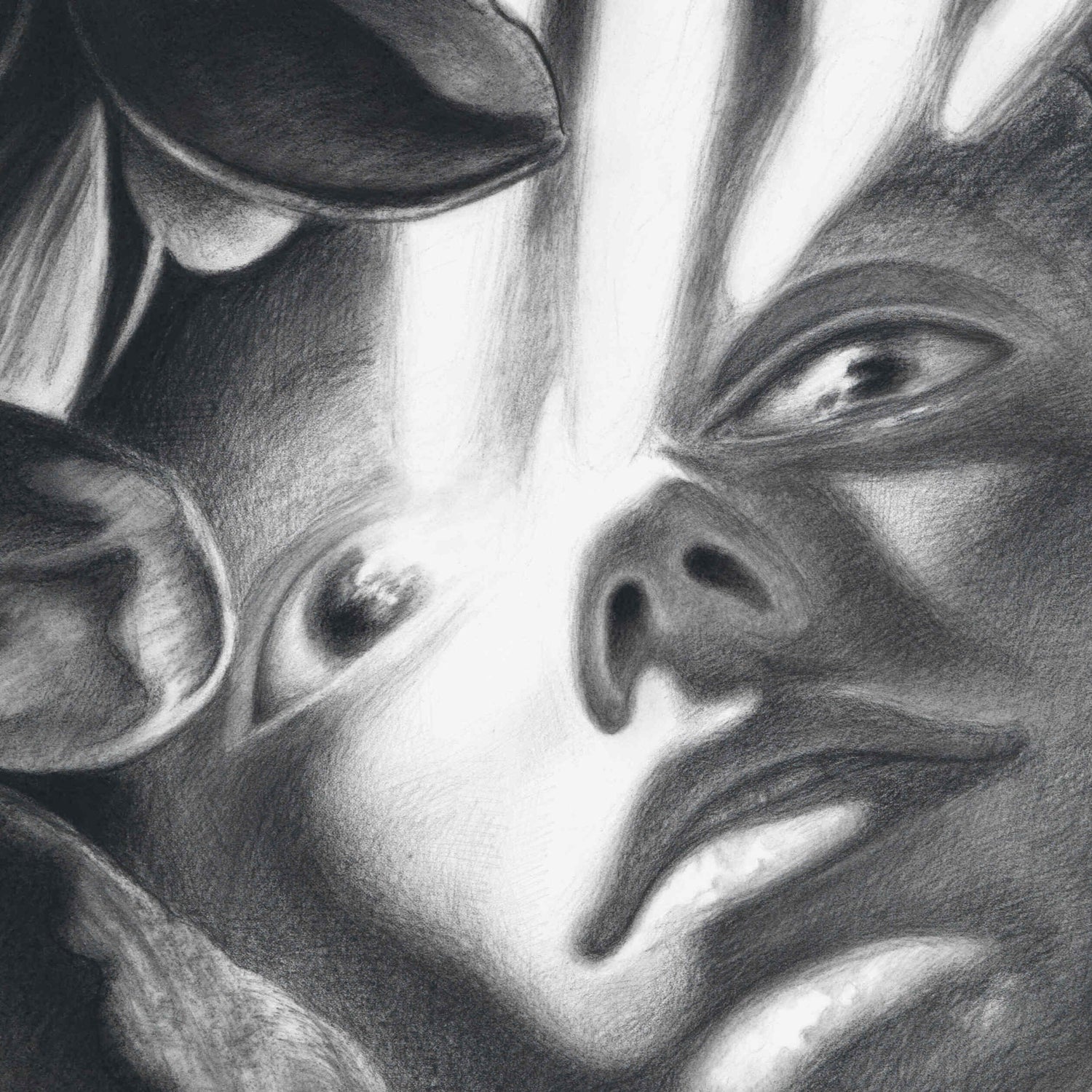 Close-up of a detailed pencil drawing of a face with floral elements by Dennis Scholl