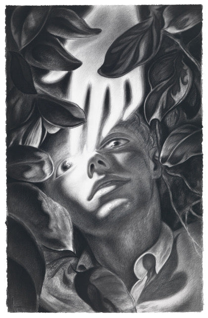 Charcoal drawing of a person being touched by a glowing hand by Dennis Scholl