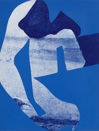 Abstract blue and white artwork on a blue background