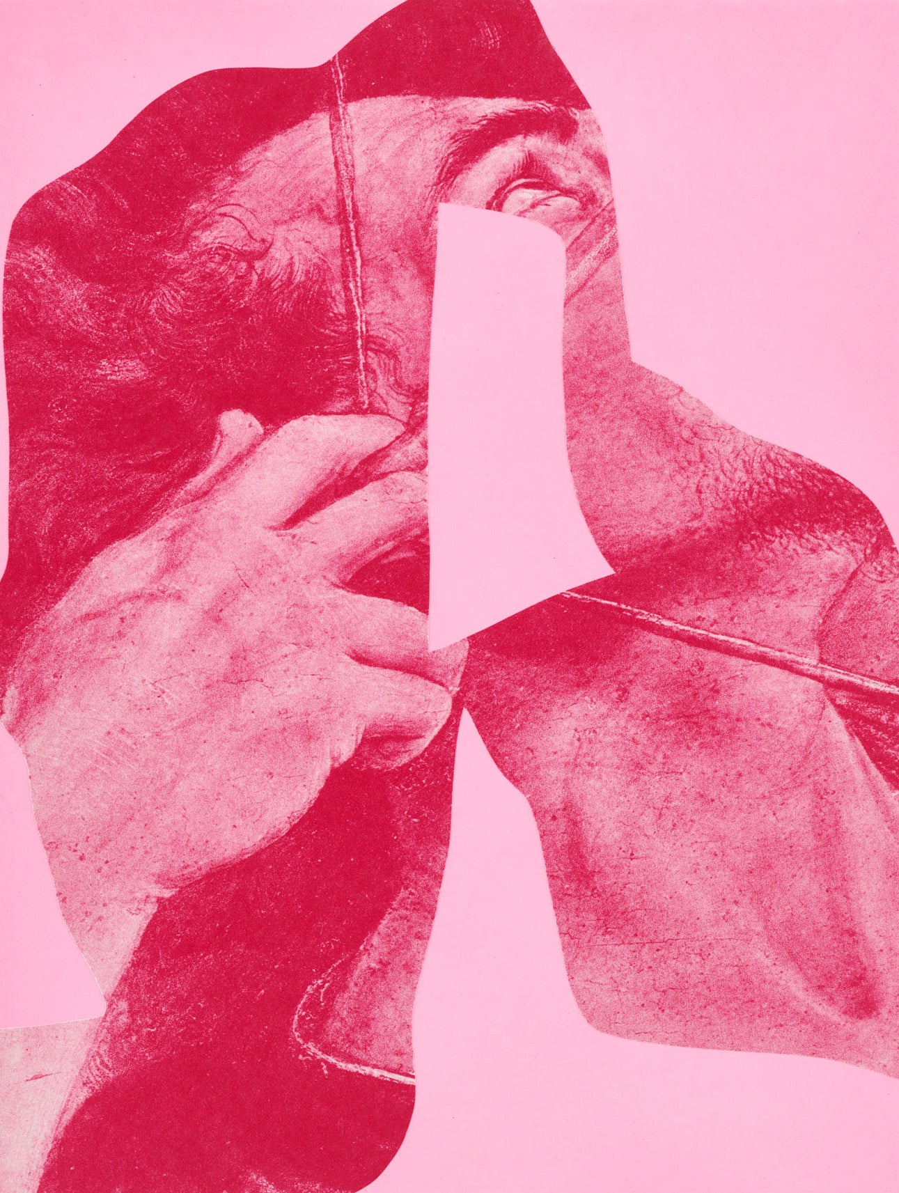 Collage with a fragmented image of a man drawing a bow. 