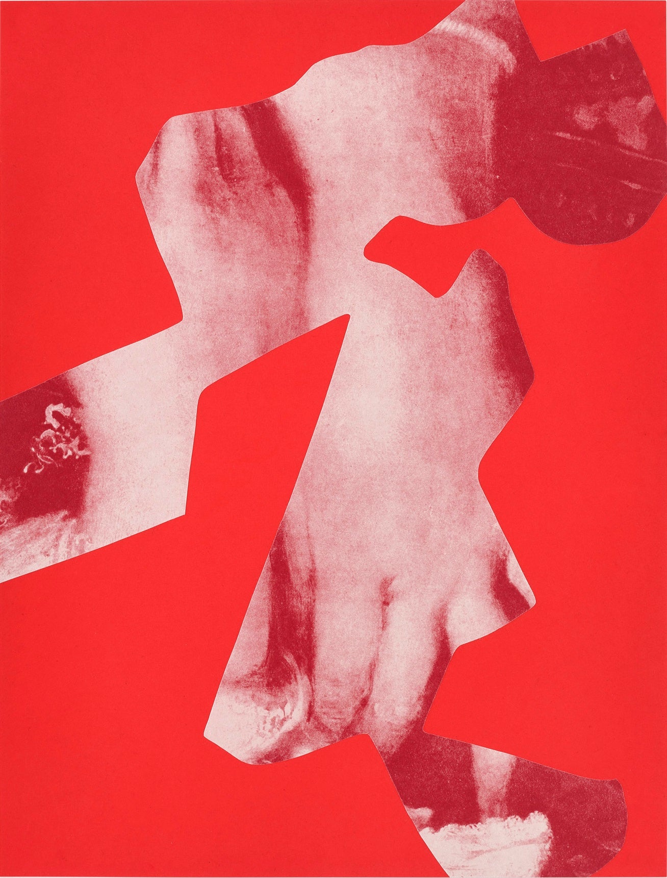 Abstract art piece with a red background and fragmented hands combined with geometric shapes