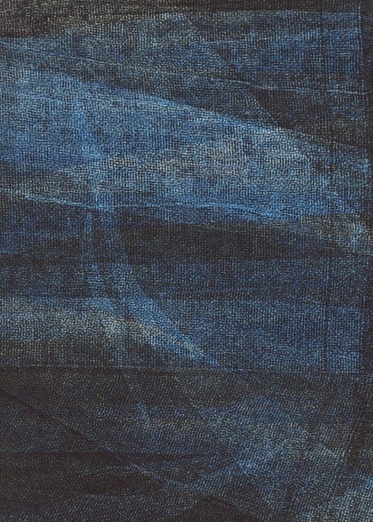 Detail of a textured monoprint in different shades of blue