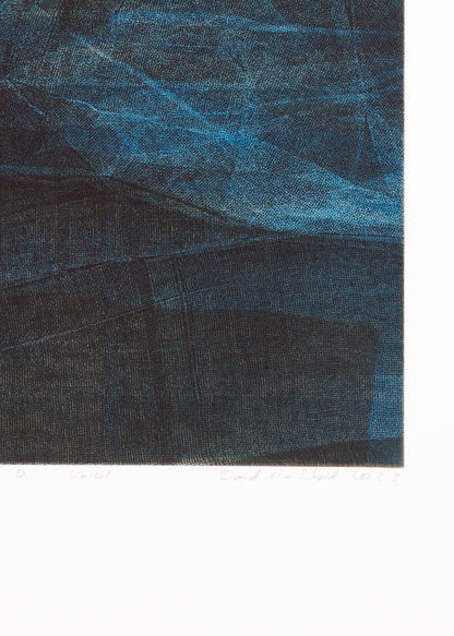 Detail of a textured blue print with artist signature