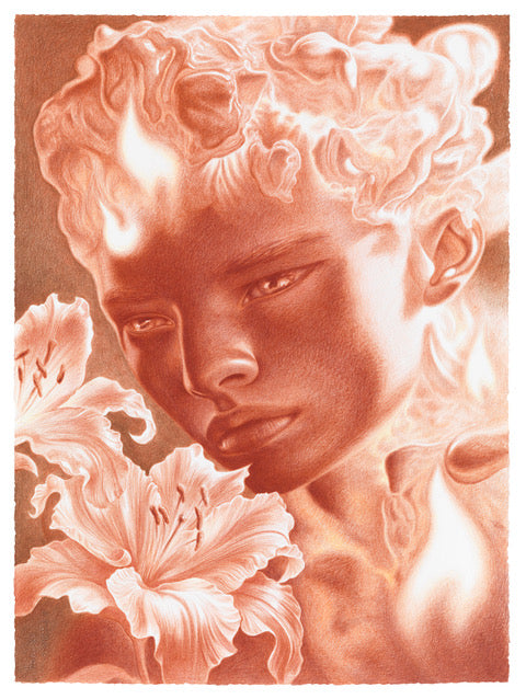 Red sanguine drawing of a face with floral elements by Dennis Scholl
