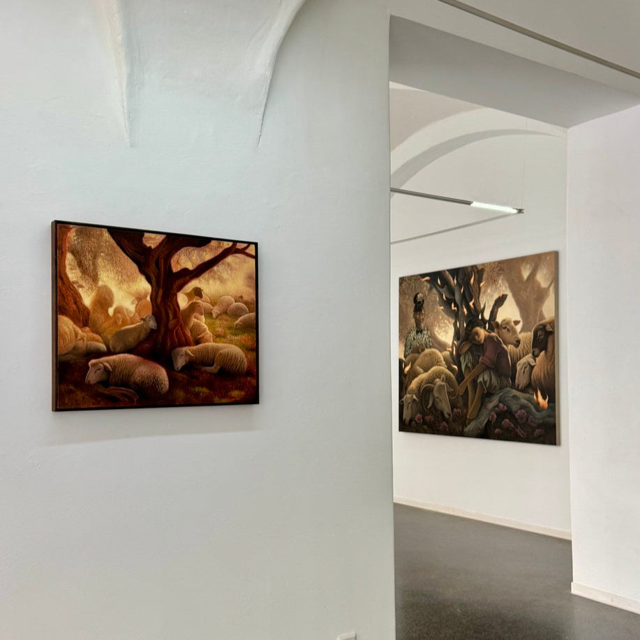 Oil Paintings by Dennis Scholl on white museum walls.