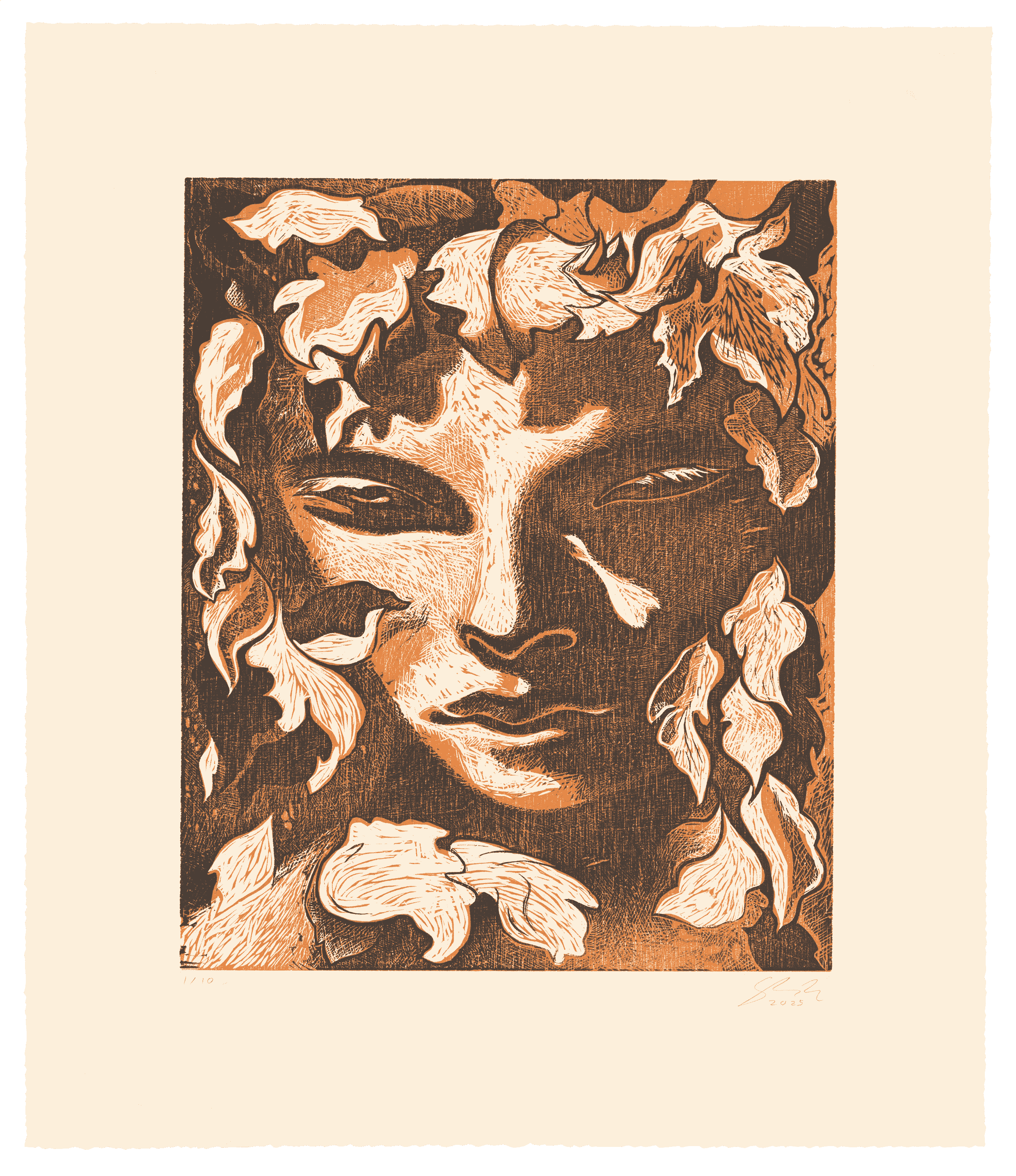 Woodcut by Dennis Scholl of a face surrounded by floral elements on a white background