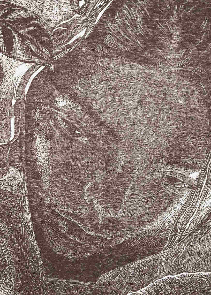 Details of woodcut by Dennis Scholl with a face surrounded by leaves and branches 