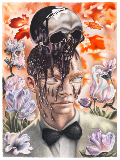 Colored pencil drawing of a person with a skull on his head surrounded by flowers by Dennis Scholl