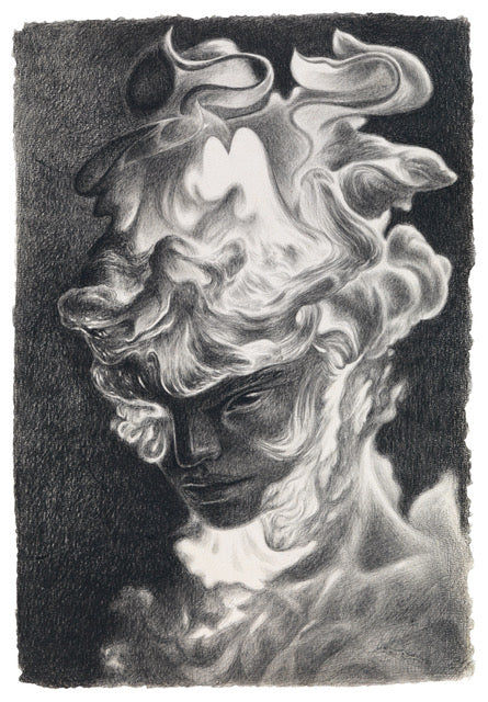 Black and white drawing of a head with flames by Dennis Scholl