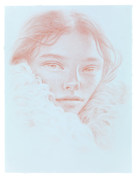 Red pencil drawing of a young girl with a light blue background by Dennis Scholl