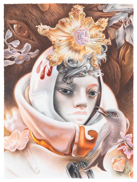 Colorful drawing of a figure with a decorative headpiece and a donkey in the background