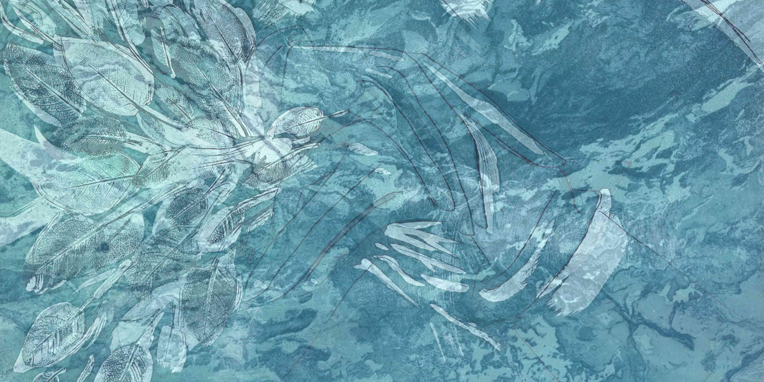 Abstract pattern of blue and gray shapes on a textured background