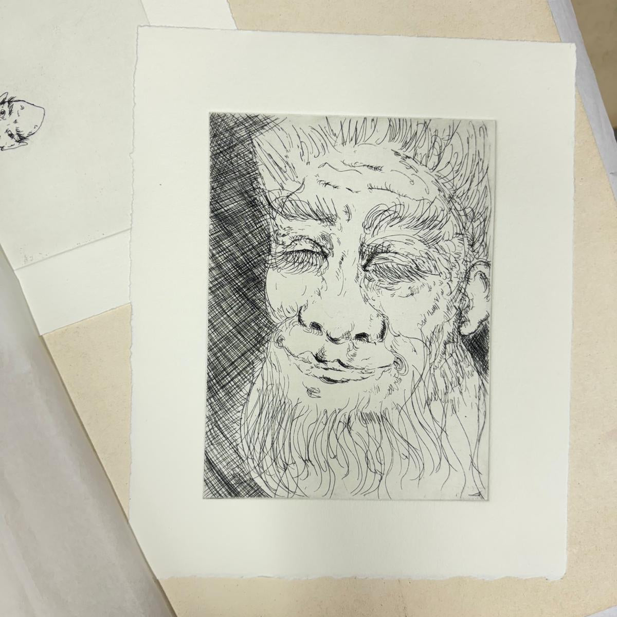 Etching by Finn Carstens depicting person with their eyes closed