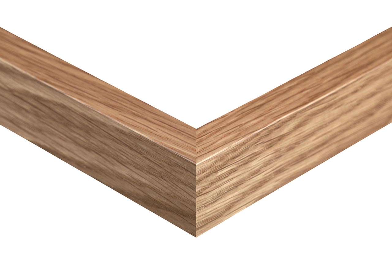 Wooden picture frame corner on a white background, natural oak slat