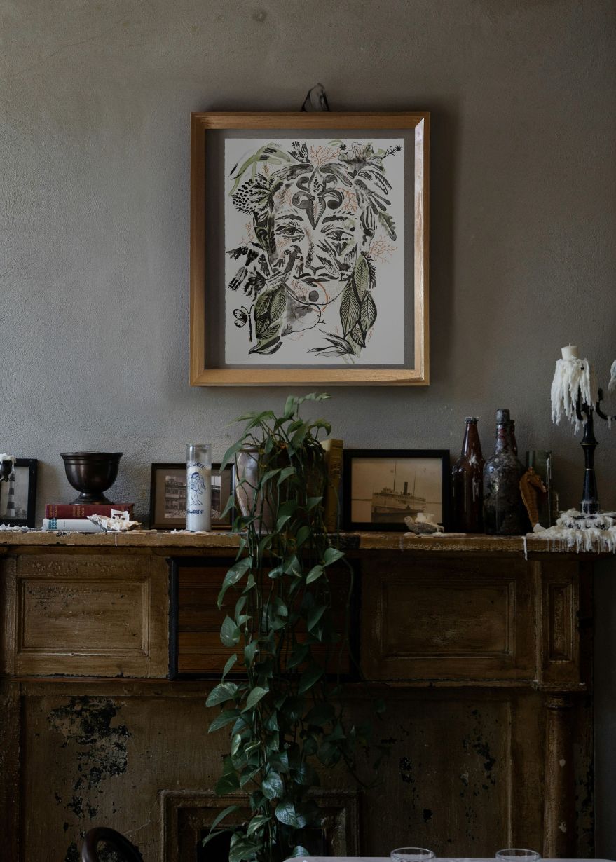 Lithograph of a floral portrait by Olaf Hajek in a room 