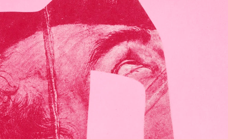 Close-up of a person's face with a pink filter on a pink background