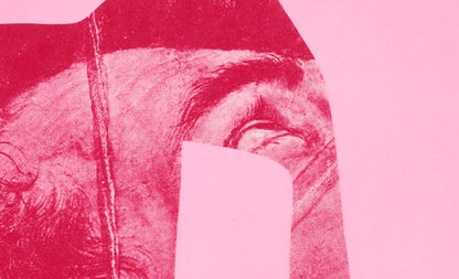 Close-up of a person's face with a pink filter on a pink background