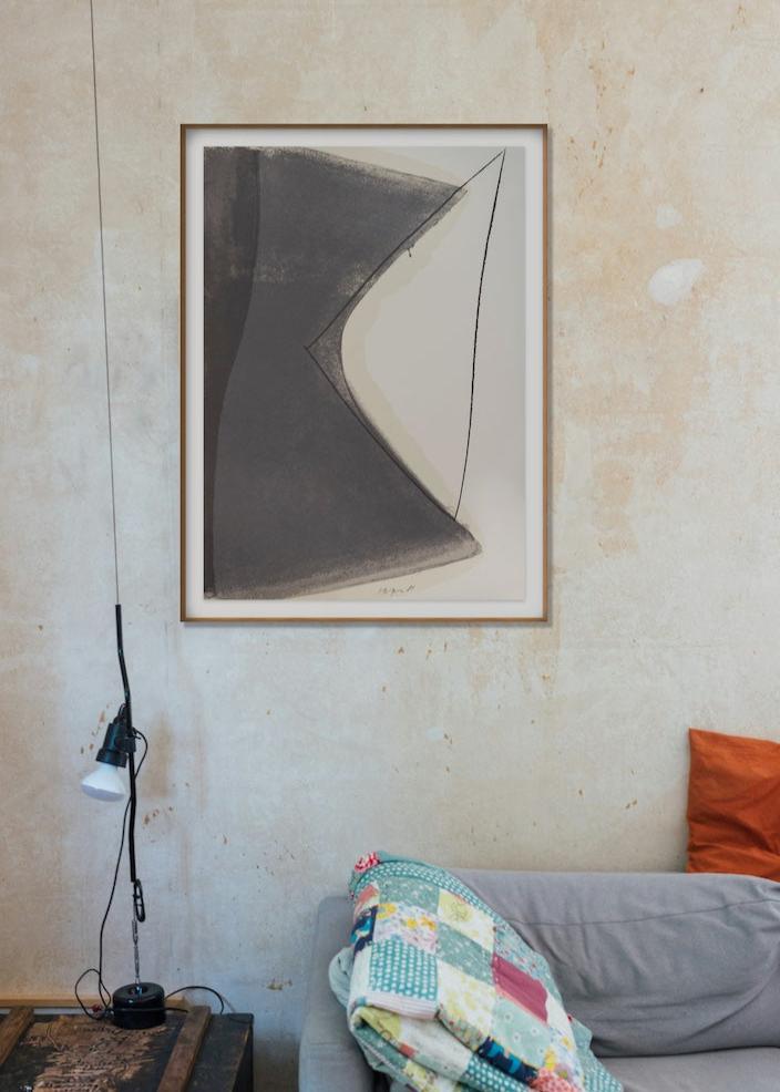 Large-scale abstract screenprint in a living room 