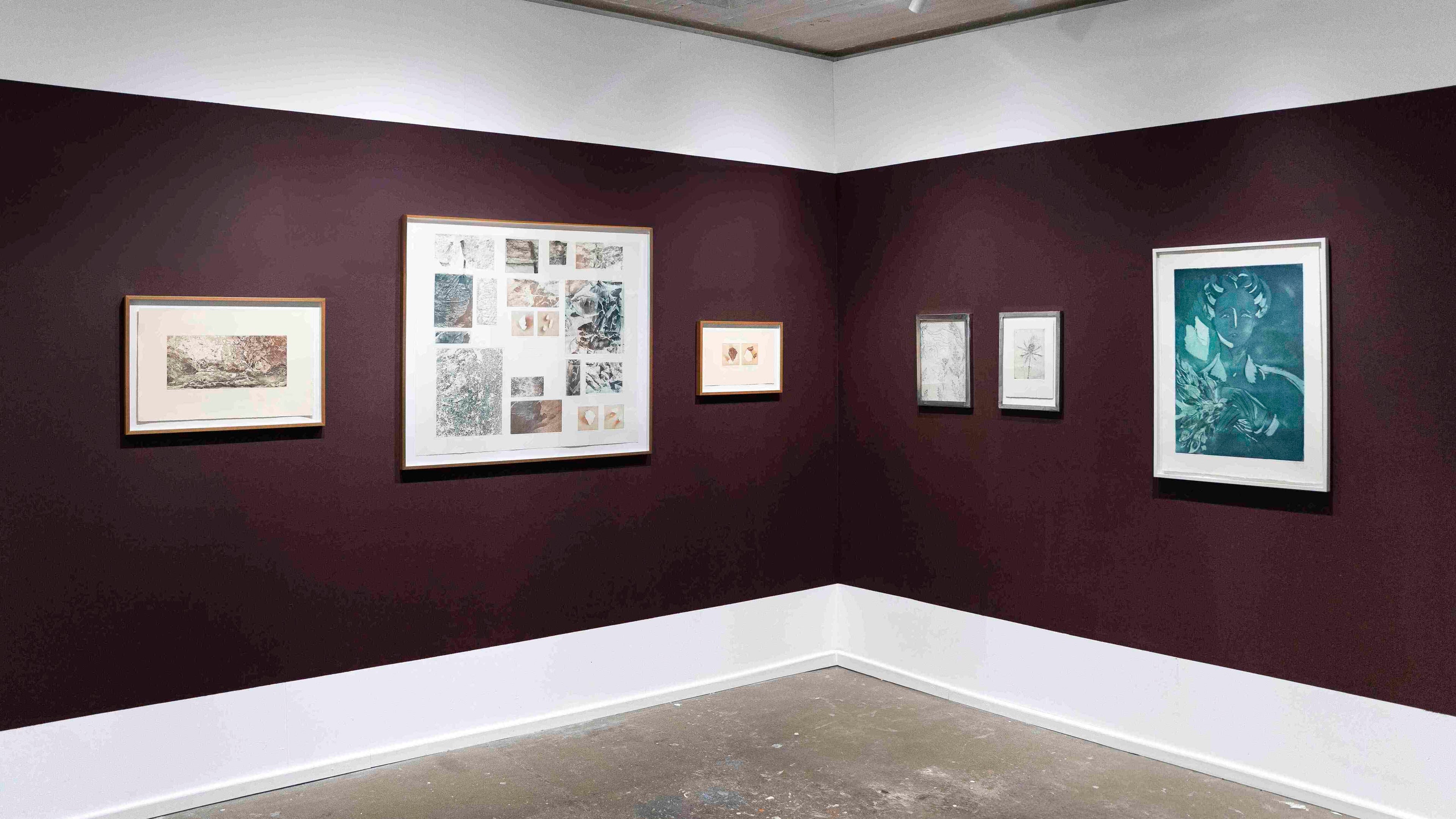 Art gallery with framed artworks on purple walls