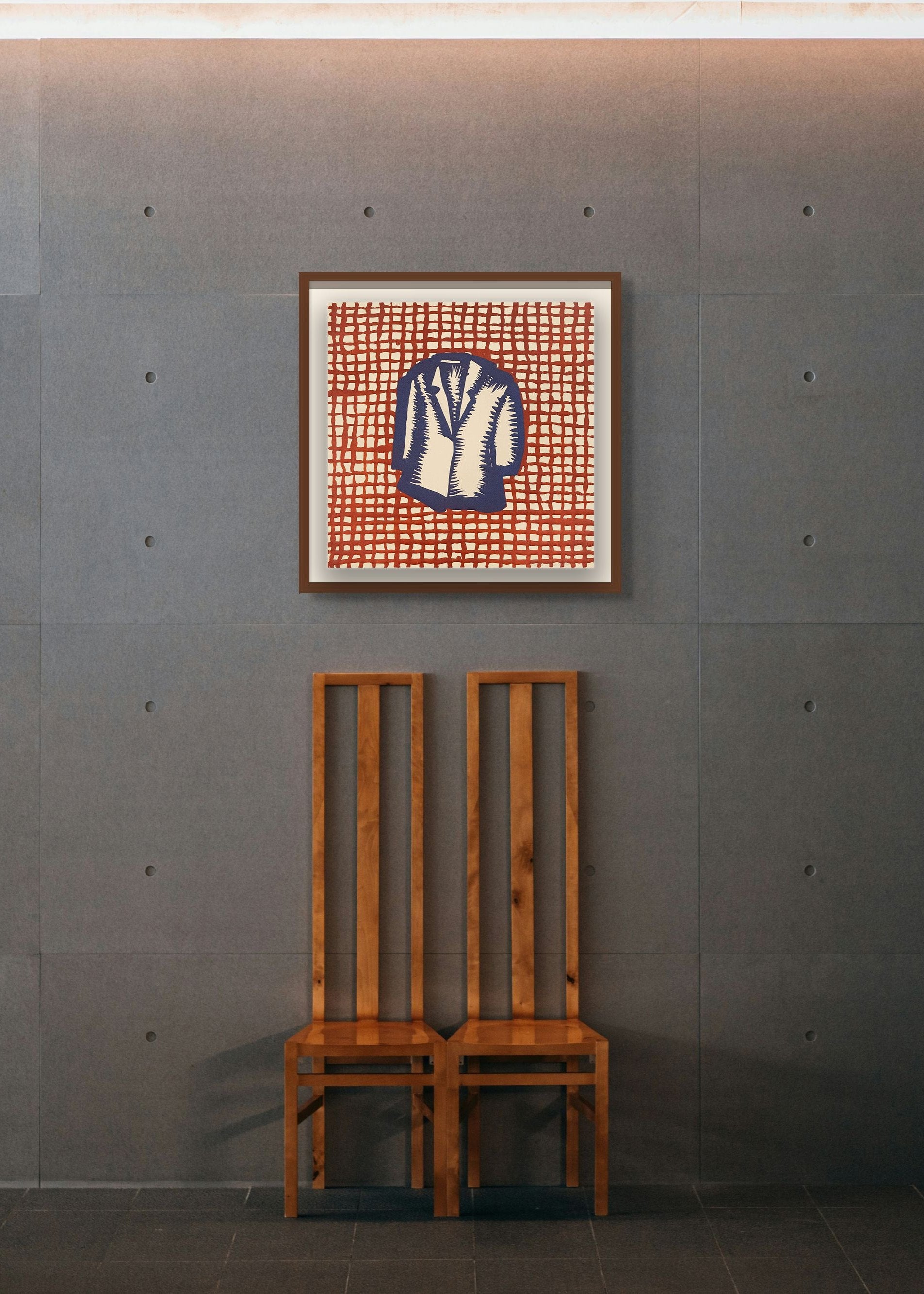 Lithograph by William Mackendree next to a chair with plant.