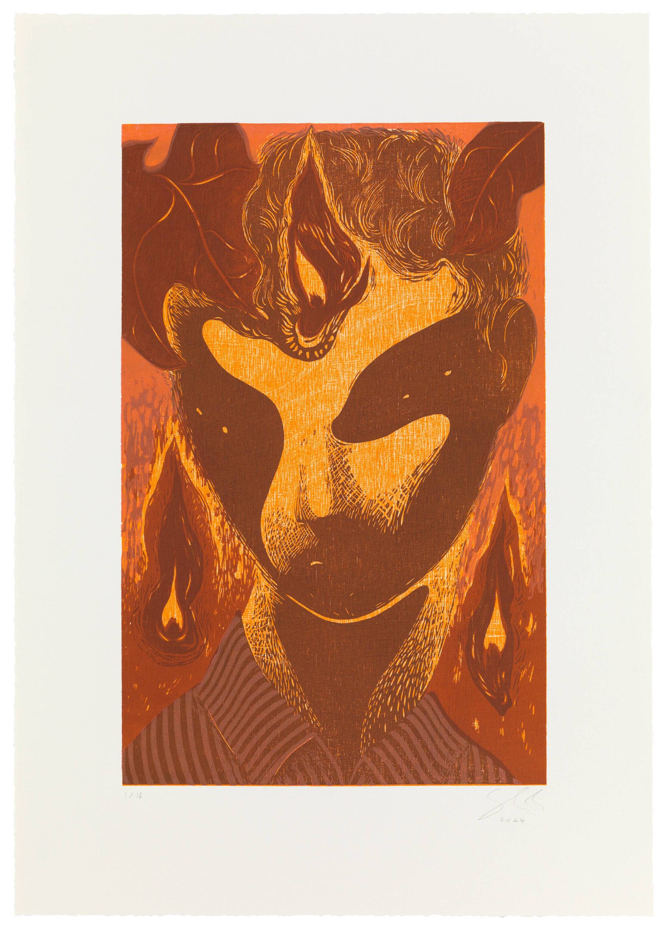Woodcut by Dennis Scholl in orange, yellow and brown colors showing a face surrounded by flames. 
