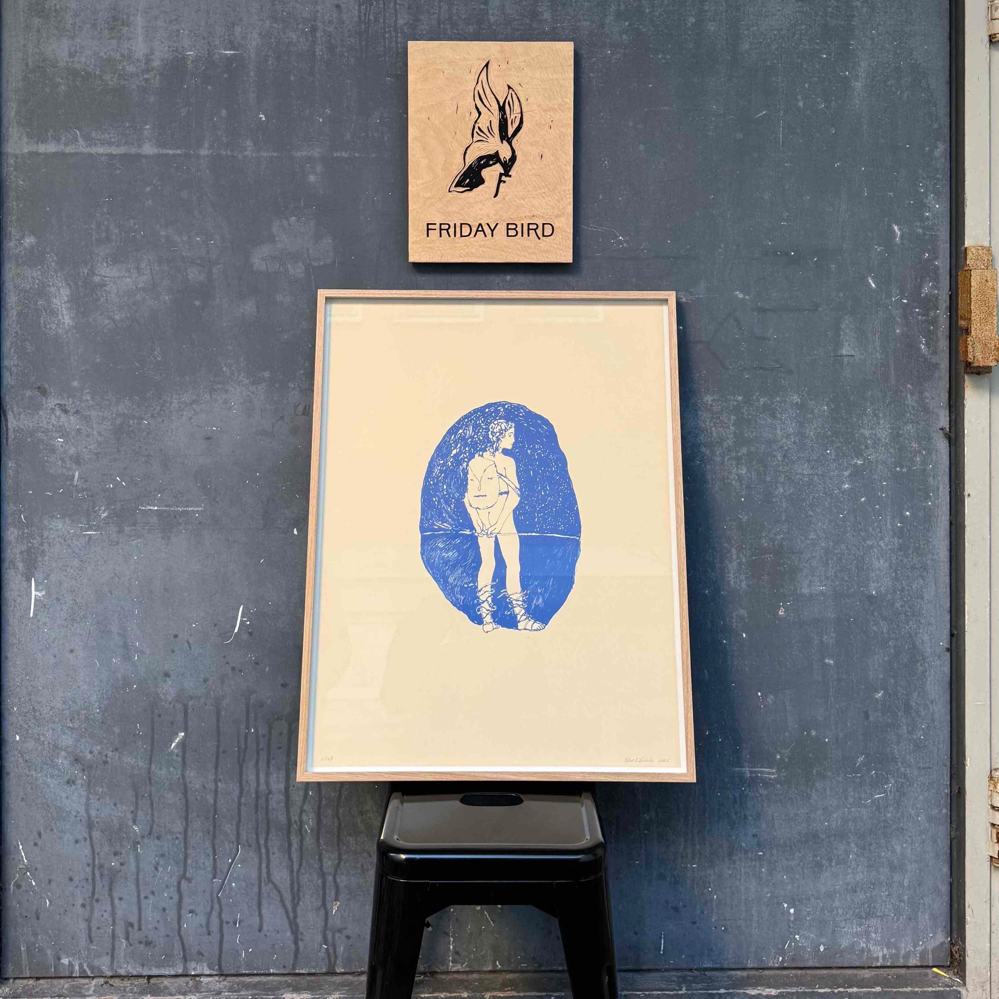 Lithograph by Peter Boehnisch under FRIDAY BIRD sign outside the gallery
