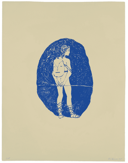 Print by Peter Böhnisch, depicting silhouette of a nude figure in a blue oval on a beige background