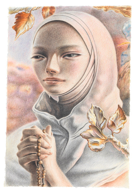 Dennis Scholl portrait of a person in a headscarf holding a rosary with a decorative background