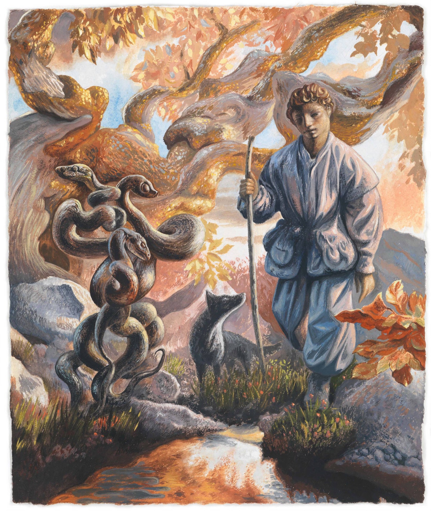Amid intertwining snakes, a gnarled tree, and a solitary wanderer, a world unfolds in which transformation seems ever-present. 