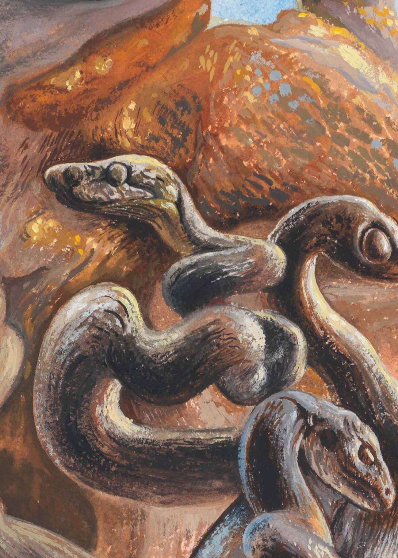 Detail of snakes in a painting by dennis Scholl
