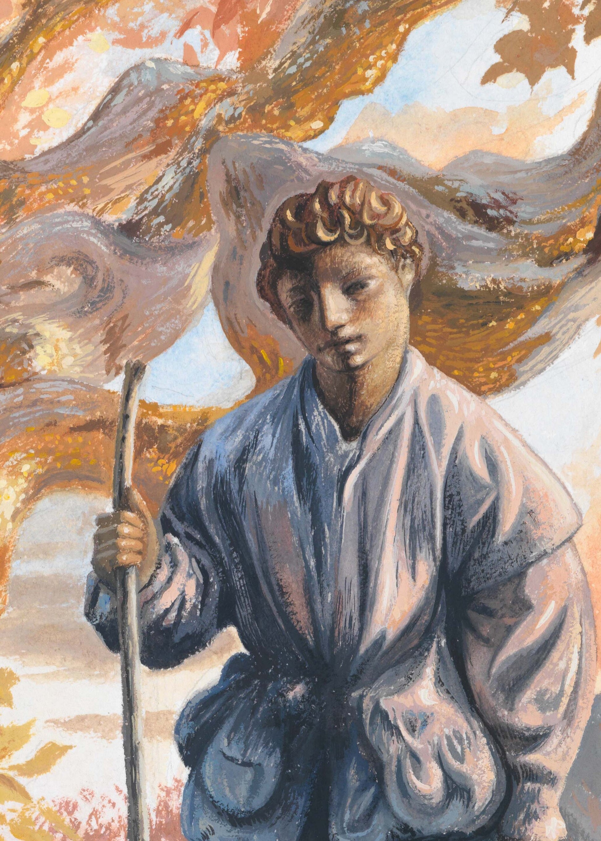 Detail of a figure holding a staff in a painting