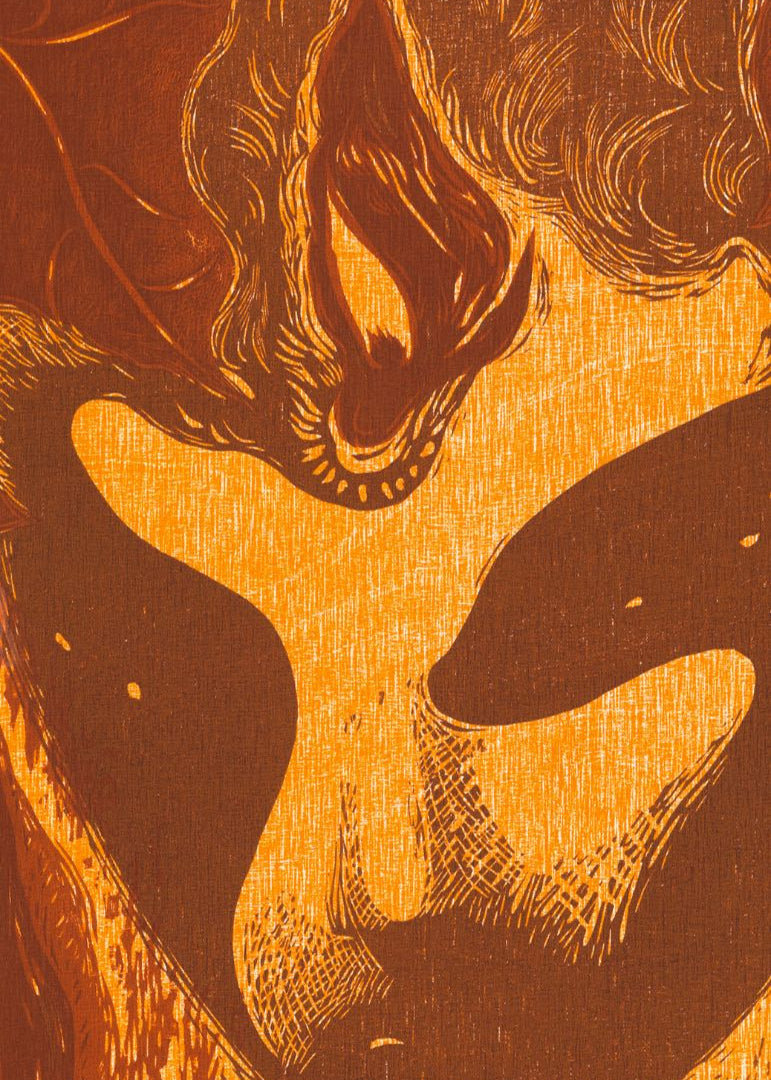 Detail of Woodcut by Dennis Scholl showing a flame on a head