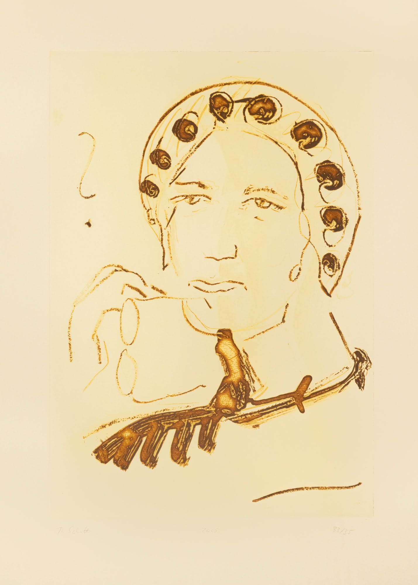 Etching of a woman holding glasses by Thomas Schütte