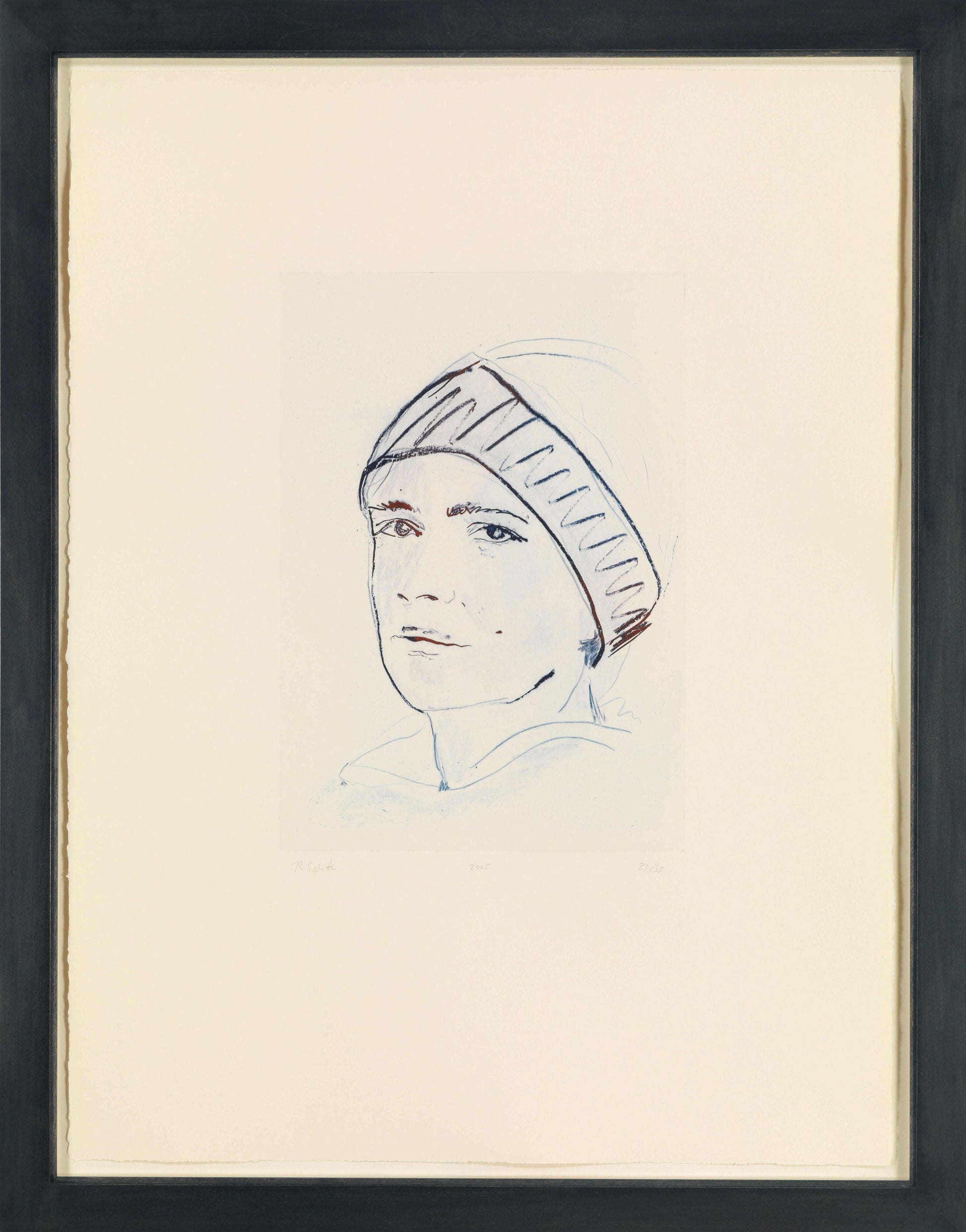 Framed artwork of a person wearing a headscarf on a beige background