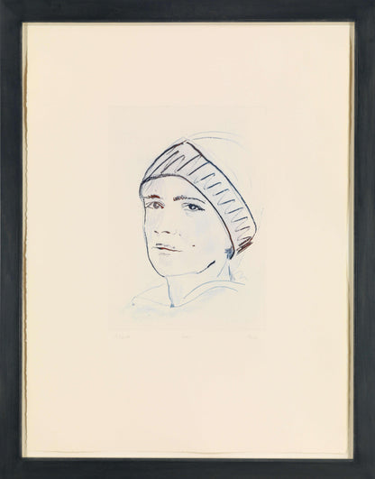 Framed artwork of a person wearing a headscarf on a beige background