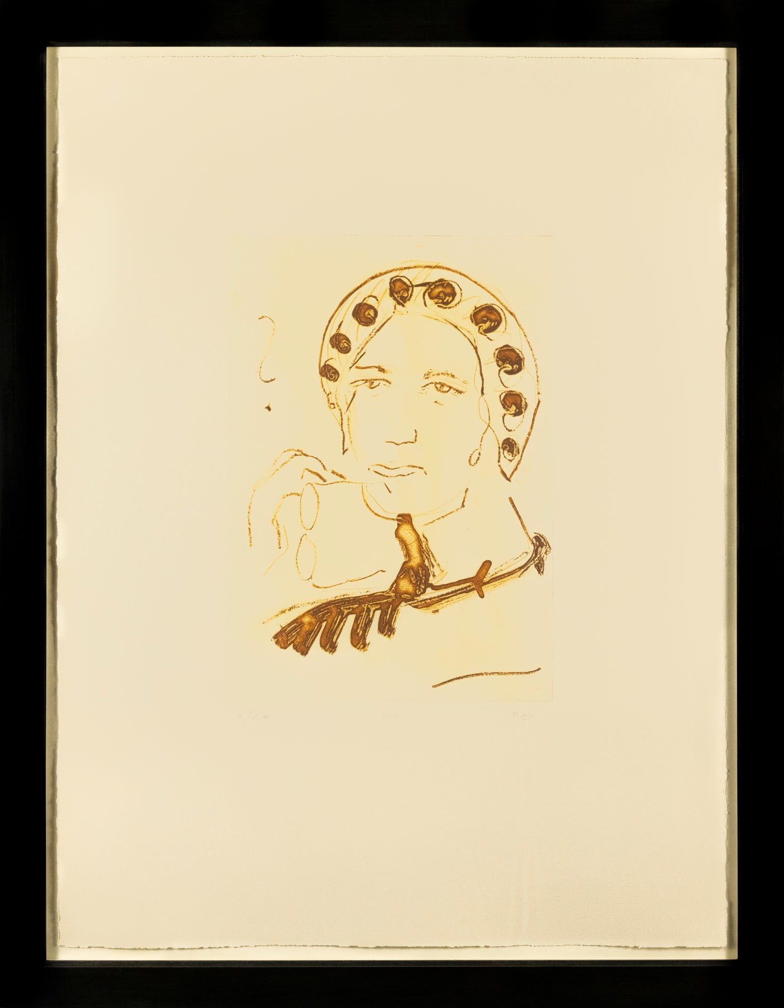 Color etching of a woman holding glasses by Thomas Schütte