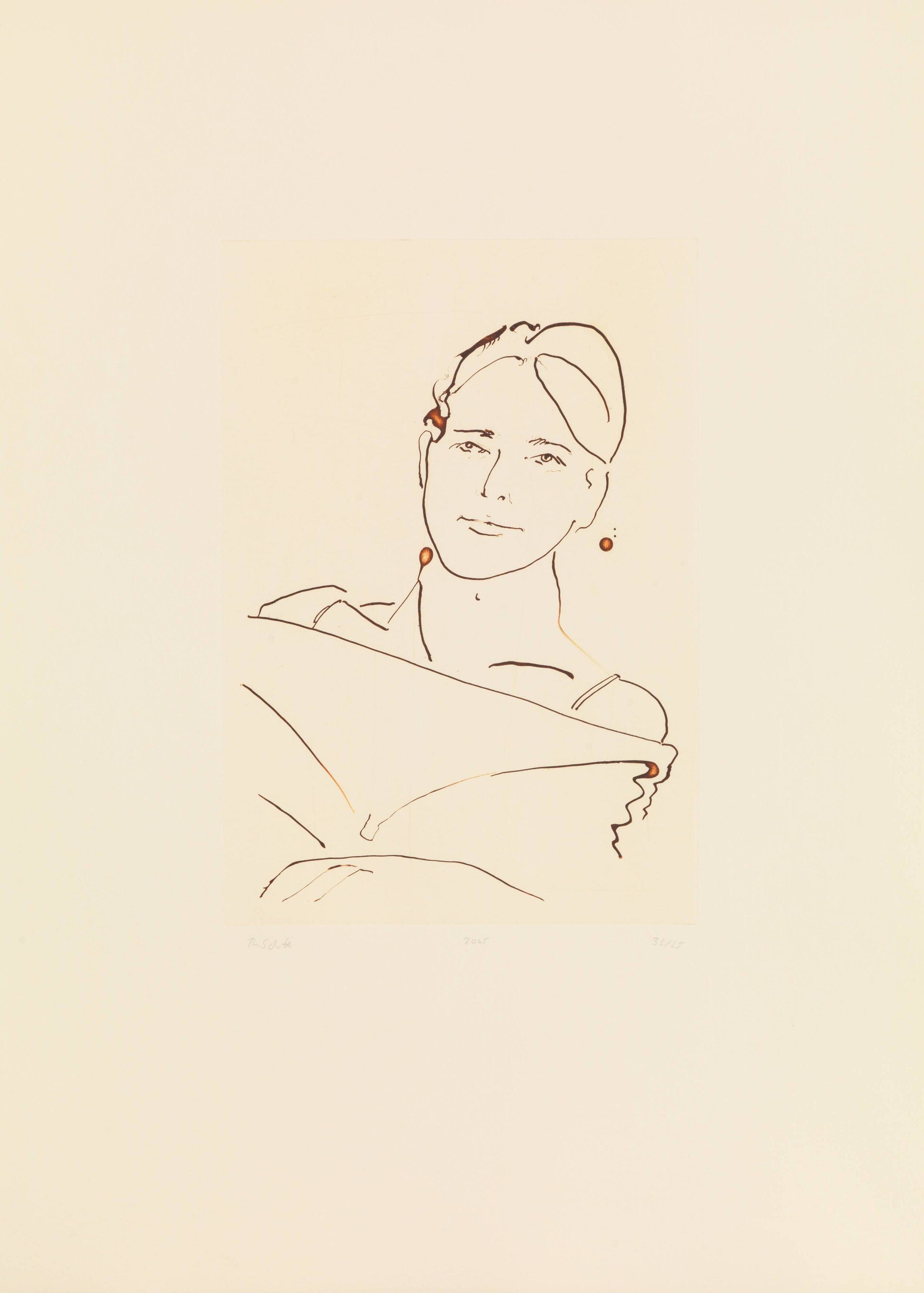 Etching of a woman with a hairtie and earrings