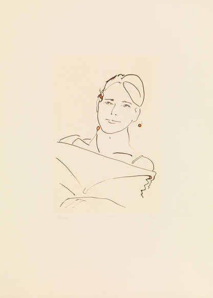 Etching of a woman with a hairtie and earrings