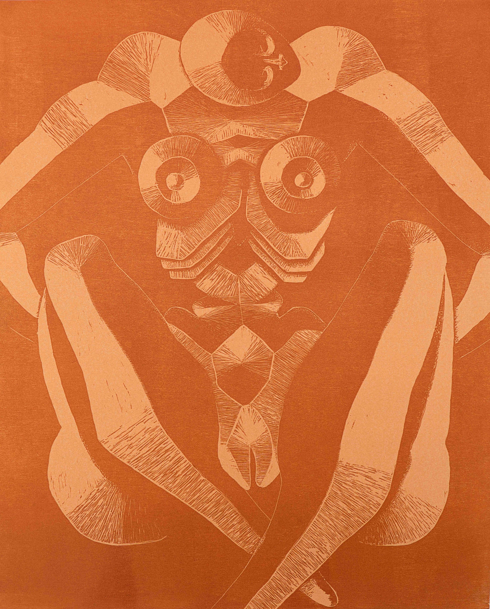 Woodcut showing a naked, geometric figure on an orange background
