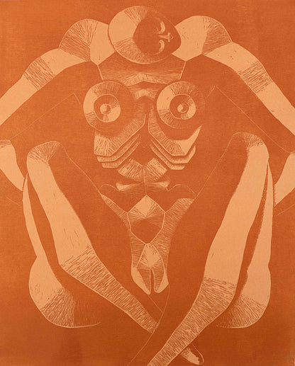 Woodcut showing a naked, geometric figure on an orange background