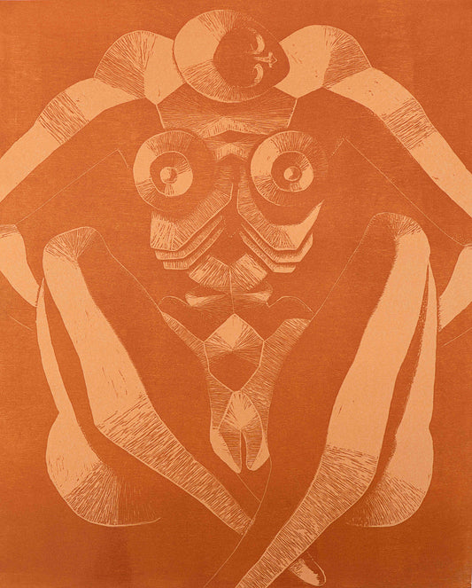 Woodcut showing a naked, geometric figure on an orange background