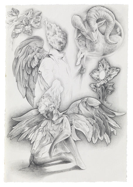 Pencil study of an angel with floral elements and a sheep by Dennis Scholl