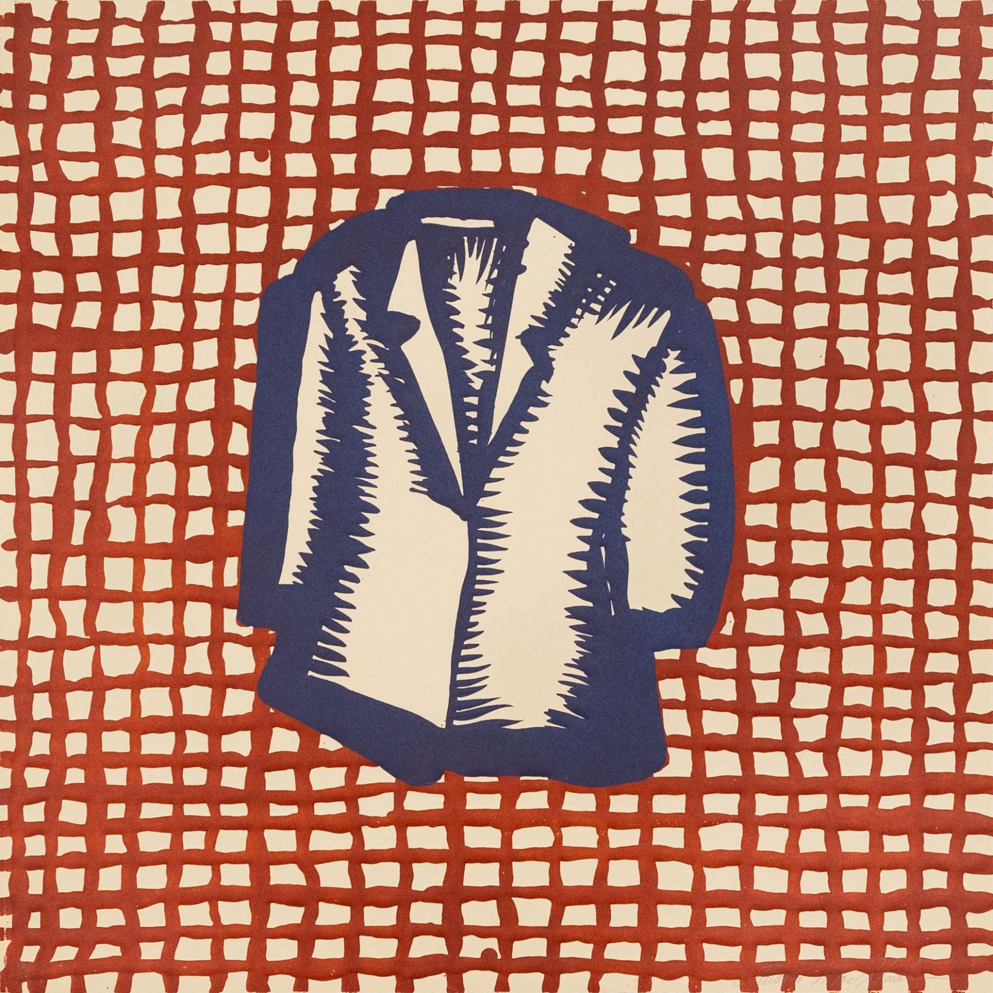 Lithograph by William Mackendree with motif of a coat on grid lines.