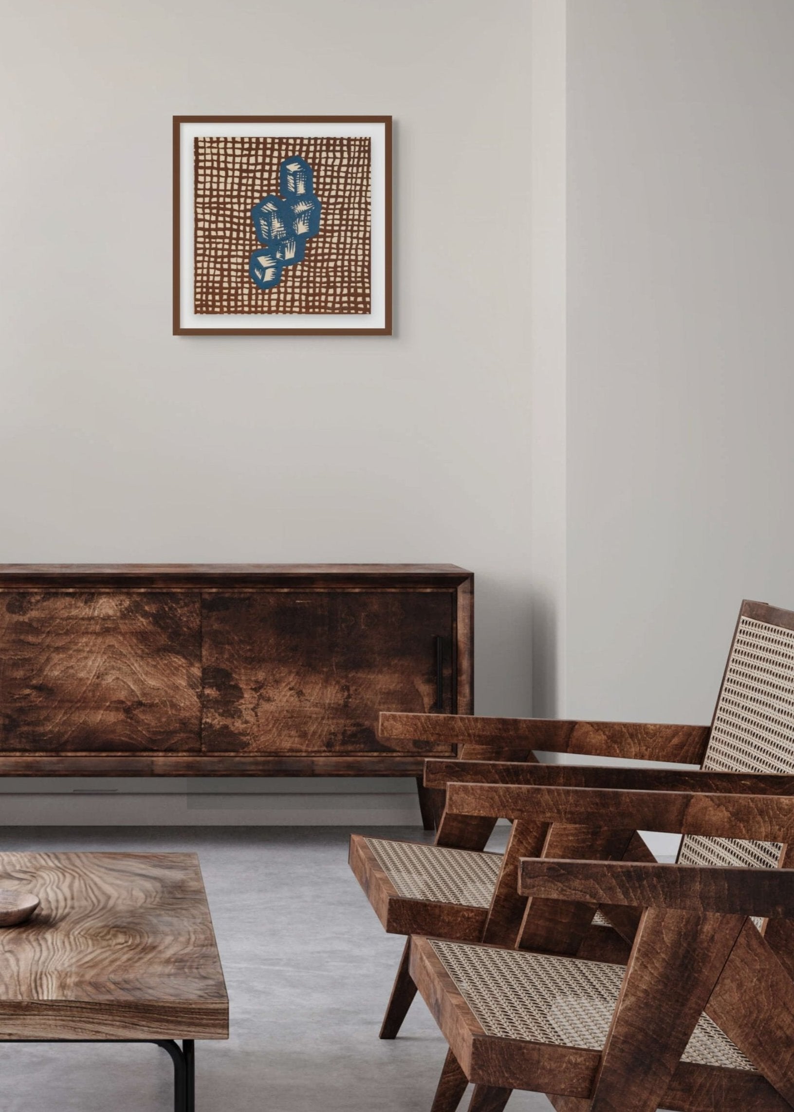 Lithograph with Ice Cubes Motif in a room with chairs by Pierre Jeanneret